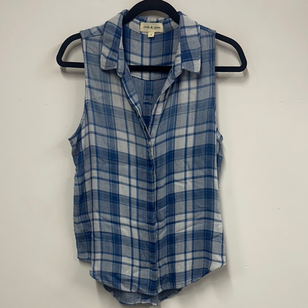 Cloth & Stone Blue and White Plaid Sleeveless Blouse S